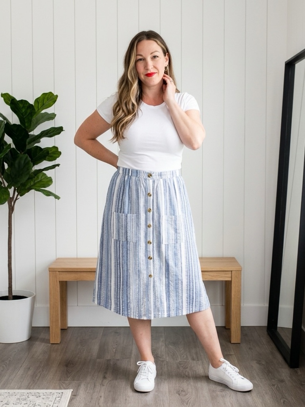 Striped Linen Button Front Midi Skirt Elastic Waist Pockets EU38 Vertical Stripe